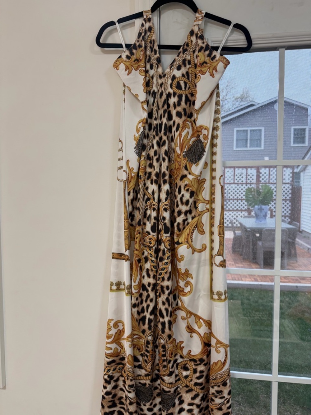 WHIT Cream and Gold Baroque Print V-Neck Slip Dress